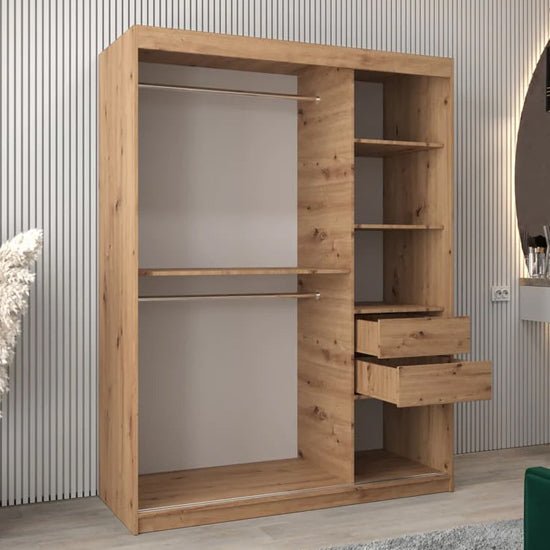 Beloit 150cm rustic oak sliding wardrobe with geometric mirrored panels and shelved storage.