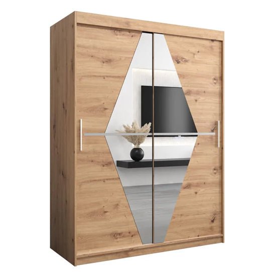 CHOICEWARDROBE Beloit 2-door sliding mirrored wardrobe in rustic oak with geometric mirror panels and silver handles.