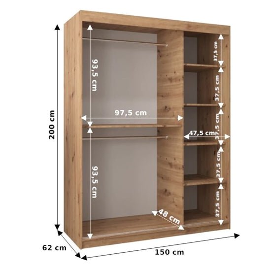Rustic oak 2-door sliding wardrobe with mirrored panels, dimensions shown