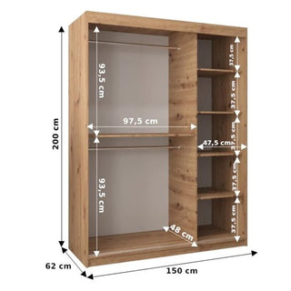 The CHOICEWARDROBE Beloit 150cm 2 Door Sliding Mirrored Wardrobe in rustic oak features geometric mirror panels, smooth glide doors, and spacious shelved storage—an ideal, stylish solution for bedroom organization.