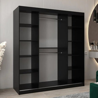 Interior of ChoiceWardrobe Beloit 180 cm sliding wardrobe showing shelves, drawers and hanging space – organised storage solution with premium black finish.