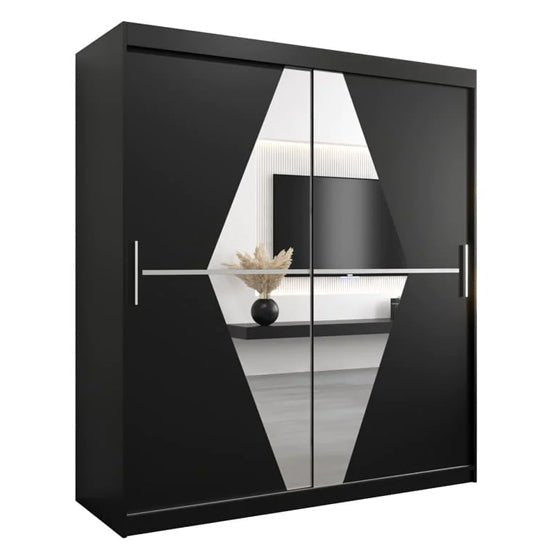 Black 2-door sliding wardrobe with geometric mirror panels and silver handles.