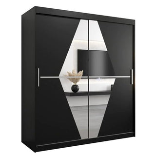 ChoiceWardrobe Beloit 180 cm 2 Door Sliding Wardrobe in matte black finish with geometric mirror panels and sleek metal handles – luxury modern storage solution for contemporary bedrooms.