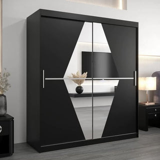 ChoiceWardrobe Beloit 180 cm 2 door sliding wardrobe in matte black finish with geometric mirror panels – modern luxury storage for contemporary bedrooms.