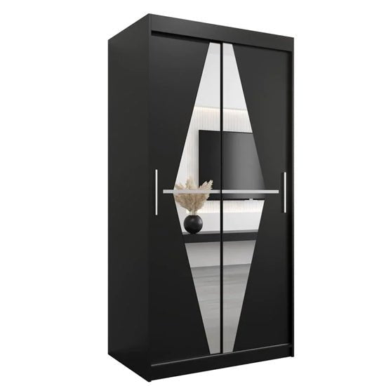 Black 2-door sliding wardrobe with geometric mirrored panel and silver handles