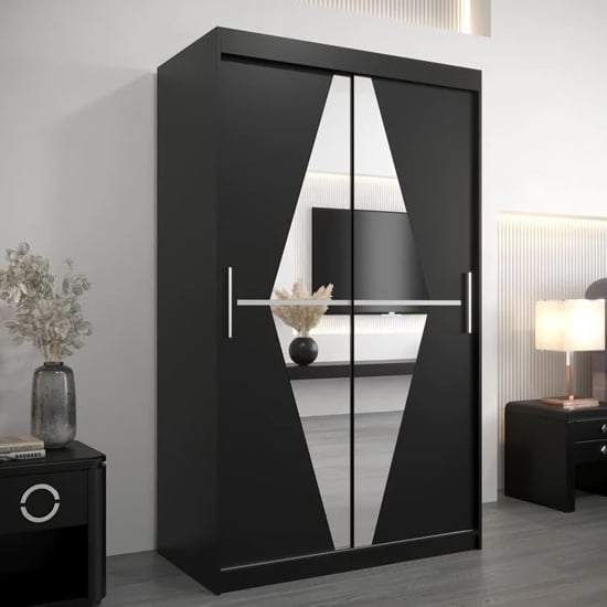 Beloit 2 door sliding wardrobe in matte black with geometric mirror panels.