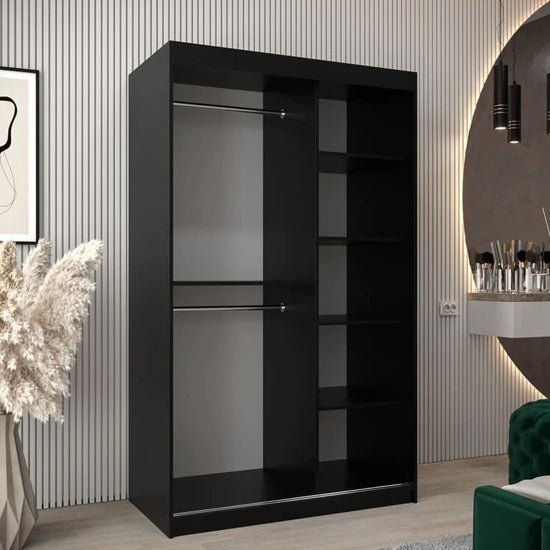 CHOICEWARDROBE Beloit 120cm matte black 2-door sliding wardrobe with geometric mirrored doors.