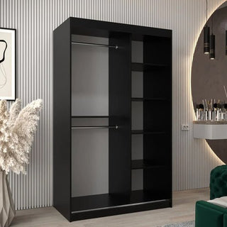 The CHOICEWARDROBE Beloit 2 Door Sliding Mirrored Wardrobe in matte black features a modern geometric mirror design, hanging rail, and shelves—perfect for stylish storage in contemporary bedrooms.