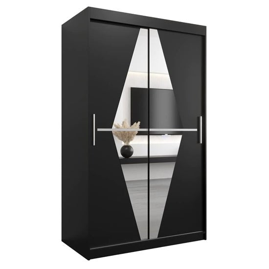Matte black 2 door sliding wardrobe with mirrored geometric design