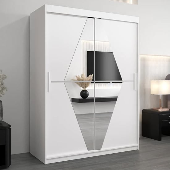 CHOICEWARDROBE Beloit 150cm white sliding wardrobe with geometric mirror panels for modern bedroom storage.