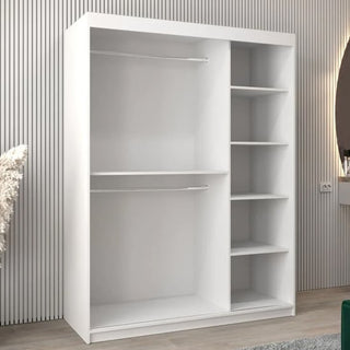 The CHOICEWARDROBE Beloit 2 Door Sliding Mirrored Wardrobe (150cm, Matt White) with a geometric mirror design features two hanging rails on the left and five open shelves on the right, offering stylish and practical modern bedroom storage.