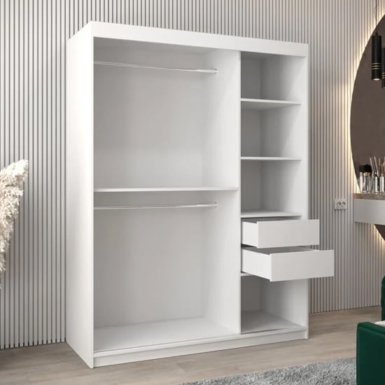 CHOICEWARDROBE Beloit 2 door white sliding wardrobe with internal storage layout.
