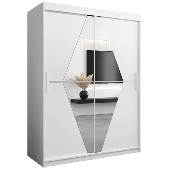 CHOICEWARDROBE Beloit 2 Door Sliding Mirrored Wardrobe, 150cm Matt White with geometric mirror design.