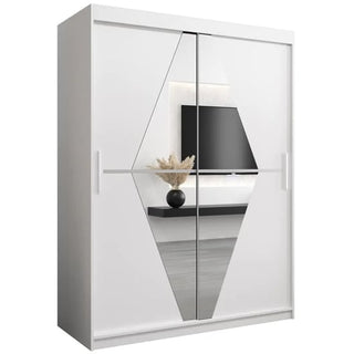 The CHOICEWARDROBE Beloit 2 Door Sliding Mirrored Wardrobe (150cm, Matt White) features a geometric mirror design, providing stylish modern storage ideal for contemporary bedrooms.