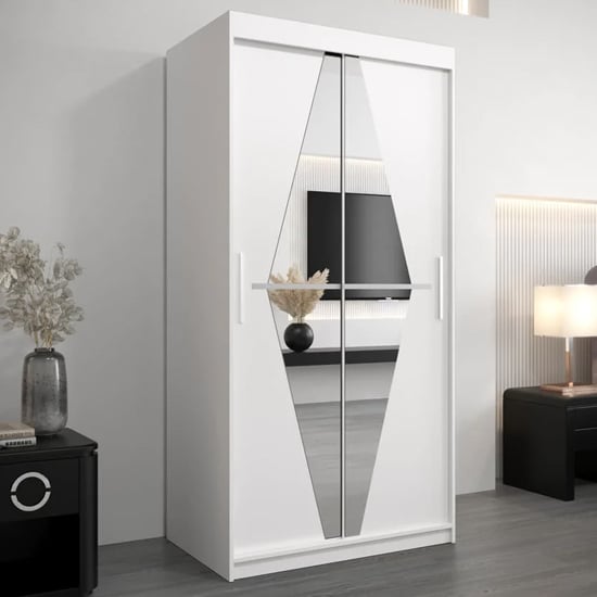 CHOICEWARDROBE Beloit 2 door sliding mirrored wardrobe in white matte finish with geometric mirror detail.