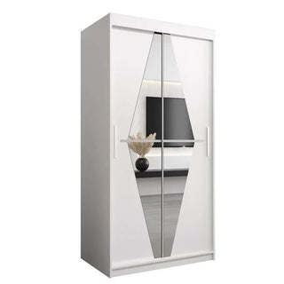 The CHOICEWARDROBE Beloit 2 Door Sliding Mirrored Wardrobe in white matte finish features a stylish geometric mirror design, hanging rail, and internal shelving for an elegant, space-saving storage solution.
