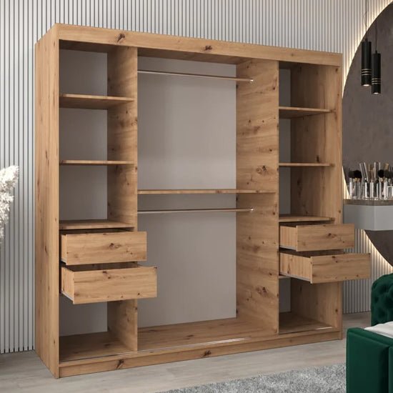 Beloit 200cm sliding door wardrobe in Artisan Oak finish with mirrored panels.