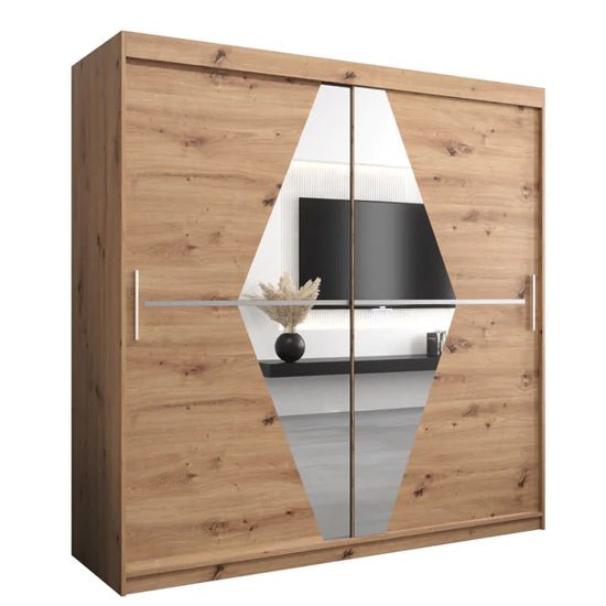 CHOICEWARDROBE Beloit 200cm two-door sliding wardrobe in Artisan Oak with geometric mirrored panels.