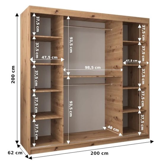 CHOICEWARDROBE Beloit 200cm Artisan Oak sliding wardrobe with mirrored doors, dimensions shown.