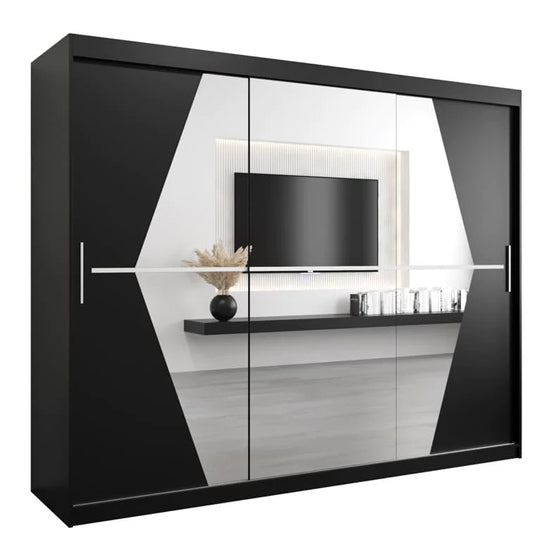 CHOICEWARDROBE Beloit 250cm black sliding wardrobe with geometric white panels and mirrored doors.