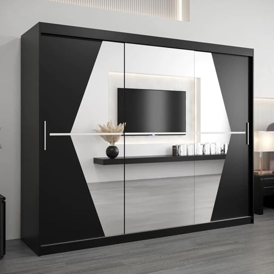 CHOICEWARDROBE Beloit 3 door sliding wardrobe in black with geometric white panels and mirrored doors.