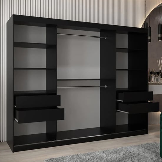 Black 3 door sliding wardrobe with a mirrored door, showing internal shelves and hanging rails.