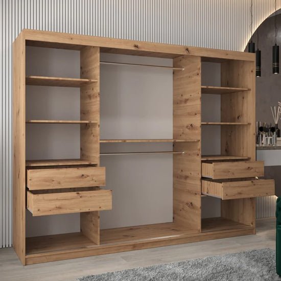 CHOICEWARDROBE Beloit 250cm sliding door wardrobe in Artisan Oak with central mirror and visible drawers.