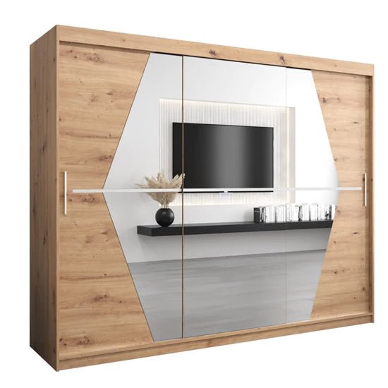 Beloit 250cm 3-door sliding wardrobe in Artisan Oak with panoramic mirror effect.
