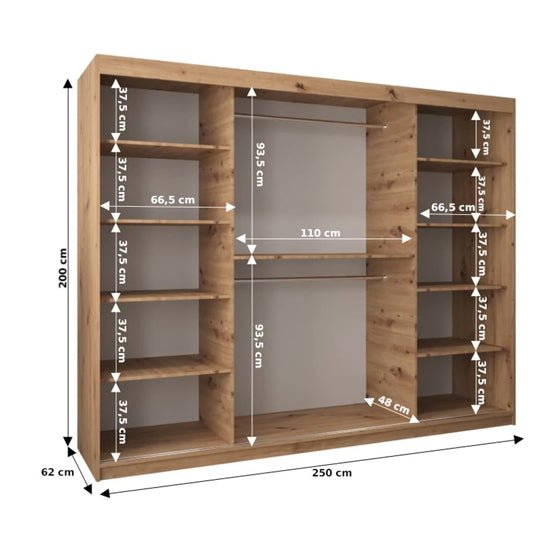 CHOICEWARDROBE 250cm Artisan Oak mirrored wardrobe with 3 sliding doors, interior storage diagram.