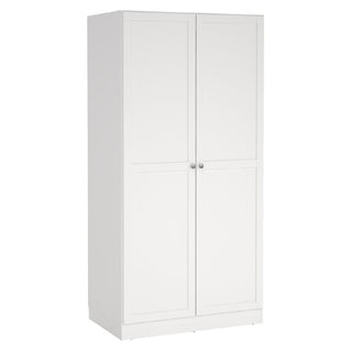 The CHOICEWARDROBE Bensalem 2 Door Wardrobe features a classic white wooden design with a hanging rail, simple panel detailing, and round metal handles, standing on a flat base against a white background.