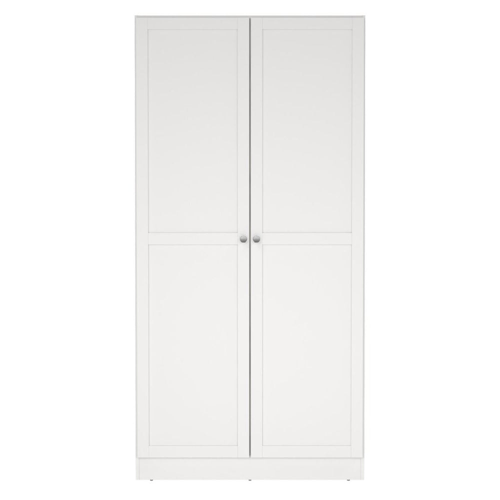 CHOICEWARDROBE Bensalem white two-door wardrobe with paneled doors and round knobs.