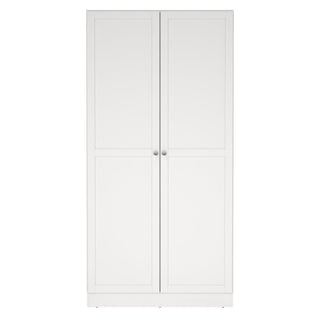 The CHOICEWARDROBE Bensalem 2 Door Wardrobe features a classic white wooden design and hanging rail, with paneled doors and round knobs, shown against a plain white background.