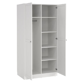 The CHOICEWARDROBE Bensalem 2 Door Wardrobe in classic white features a modern wooden design with metal handles, multiple shelves, and a hanging rail inside, combining style and functionality.
