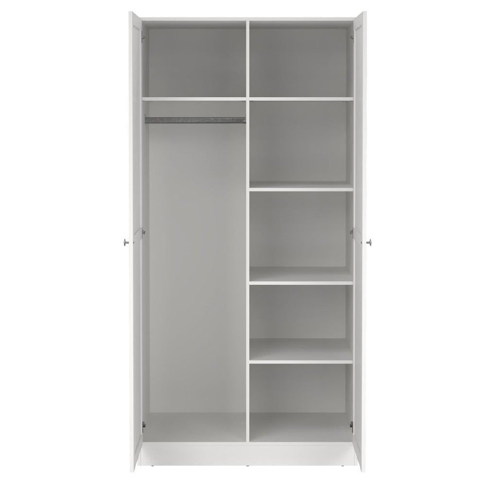 White 2-door wardrobe with hanging rail on left and 5 shelves on right