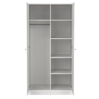 The CHOICEWARDROBE Bensalem 2 Door Wardrobe in classic white opens to reveal a split interior: one side has a hanging rail, while the other provides five shelves. Crafted from sustainable wood for eco-friendly storage.