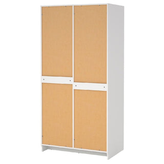The CHOICEWARDROBE Bensalem 2 Door Wardrobe features a tall, rectangular white design with two plain, vertically-aligned light brown sustainable wood doors and handle-free upper and lower panels, plus a convenient hanging rail.