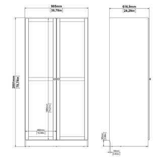 Technical drawing of the CHOICEWARDROBE Bensalem 2 Door Wardrobe in classic white, made from sustainable wood with labeled dimensions: 2000mm (H) x 985mm (W) x 616.9mm (D). Door widths and panel thickness are also shown.