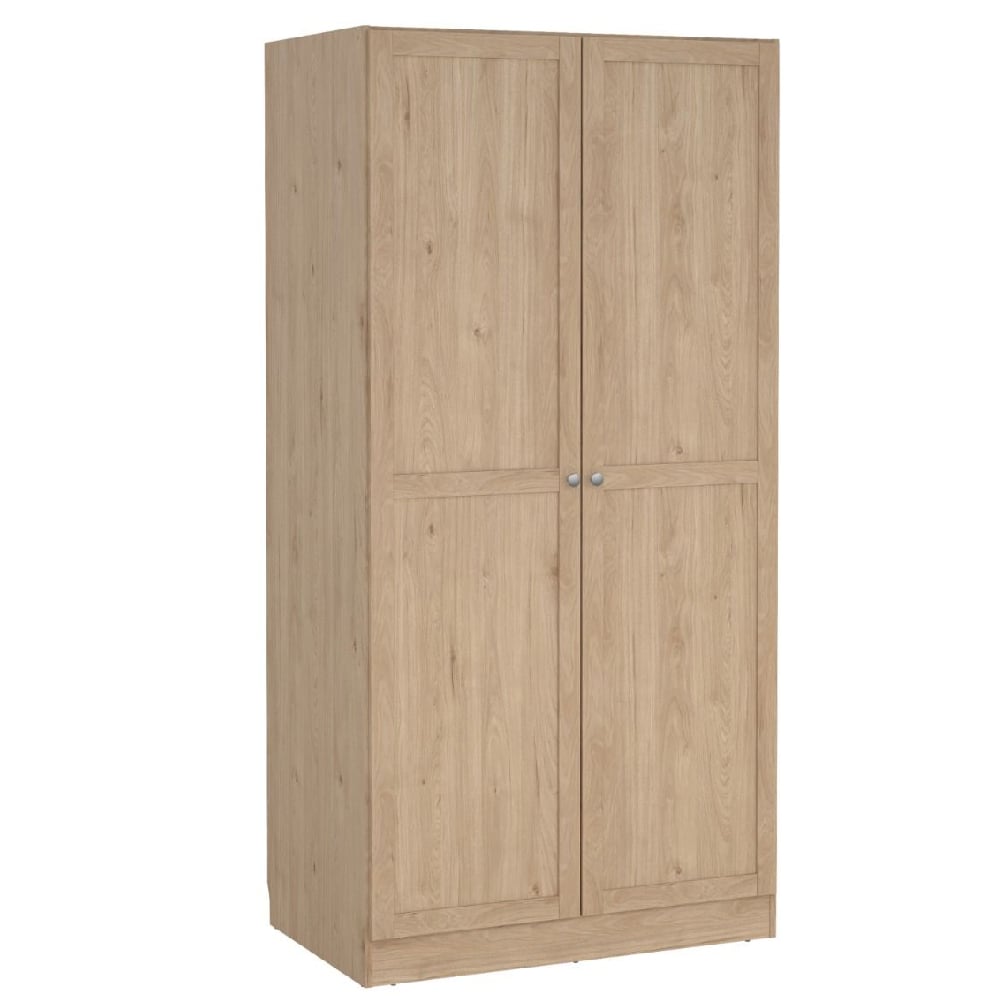 CHOICEWARDROBE Bensalem 2-door oak finish wardrobe with classic panelled doors and two silver handles.