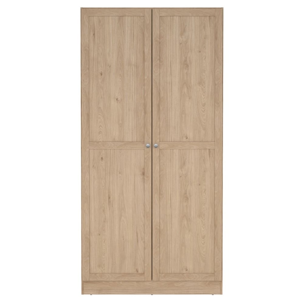Two-door wooden wardrobe in natural oak finish.