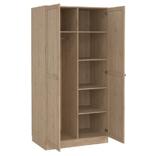 The CHOICEWARDROBE Bensalem 2 Door Wooden Wardrobe in oak finish features multiple shelves on the right and a hanging rail with extra shelves on the left, offering versatile bedroom storage with a classic, matching wood design inside and out.