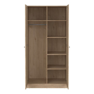 The CHOICEWARDROBE Bensalem 2 Door Wooden Wardrobe in oak finish features a left-side hanging rod with a top shelf, plus five right-side shelves, offering classic design and spacious bedroom storage.