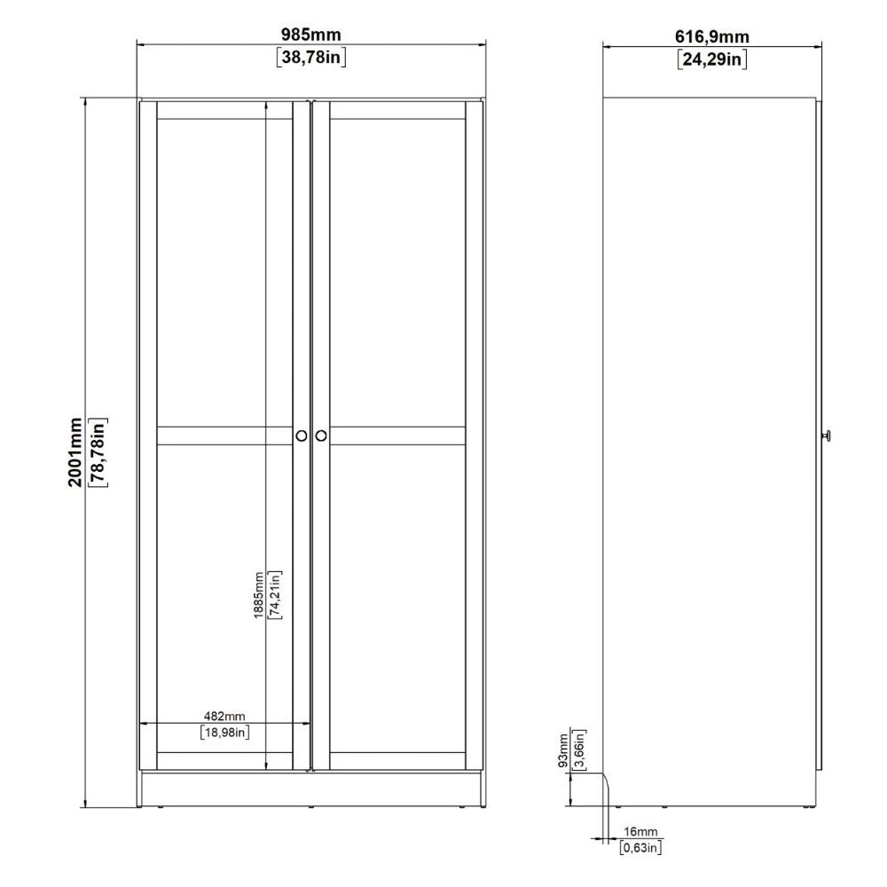 Line drawing of a 2-door wooden wardrobe, 2001mm high x 985mm wide, with dimensions shown.