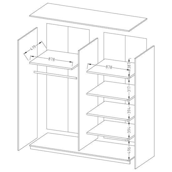 Line drawing of CHOICEWARDROBE Biella 180cm wardrobe with sliding doors, showing internal shelves and hanging rail with dimensions.