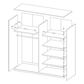Line drawing of the CHOICEWARDROBE Biella 200cm 2 Door Sliding Mirrored Wardrobe (Black Finish) assembly, showing separate outer and top panels, interior shelves (419, 978, 318, 317, 394, and 496 mm), and hanging rails.