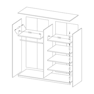 Line drawing of the CHOICEWARDROBE Biella 221cm Black Mirrored Sliding Door Wardrobe: four right shelves, a left hanging rail and shelf, side/bottom/top panels. Some shelf widths labeled as 1080 mm.