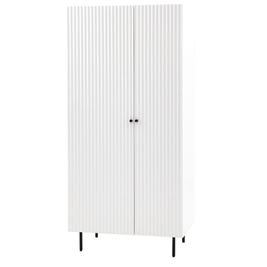 White fluted wooden wardrobe with 2 doors and black metal legs