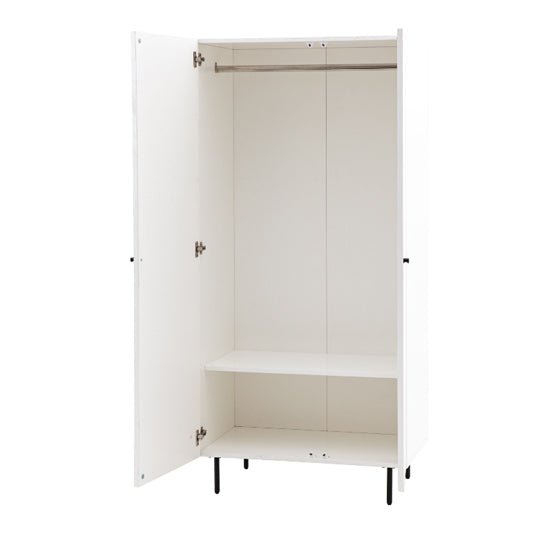 Open white wardrobe with hanging rail and shelf, on black metal legs