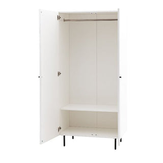 The CHOICEWARDROBE Bienne White Fluted Wooden Wardrobe features a modern designer finish, two doors, drawers, and sturdy black metal legs for an elegant look.