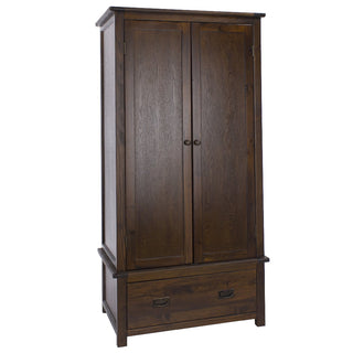 The CHOICEWARDROBE Birtley 90cm 2 Door Wooden Wardrobe in a dark brown finish features a classic design, metal handles, and a spacious pull-out drawer—perfect for elegant and solid bedroom storage.