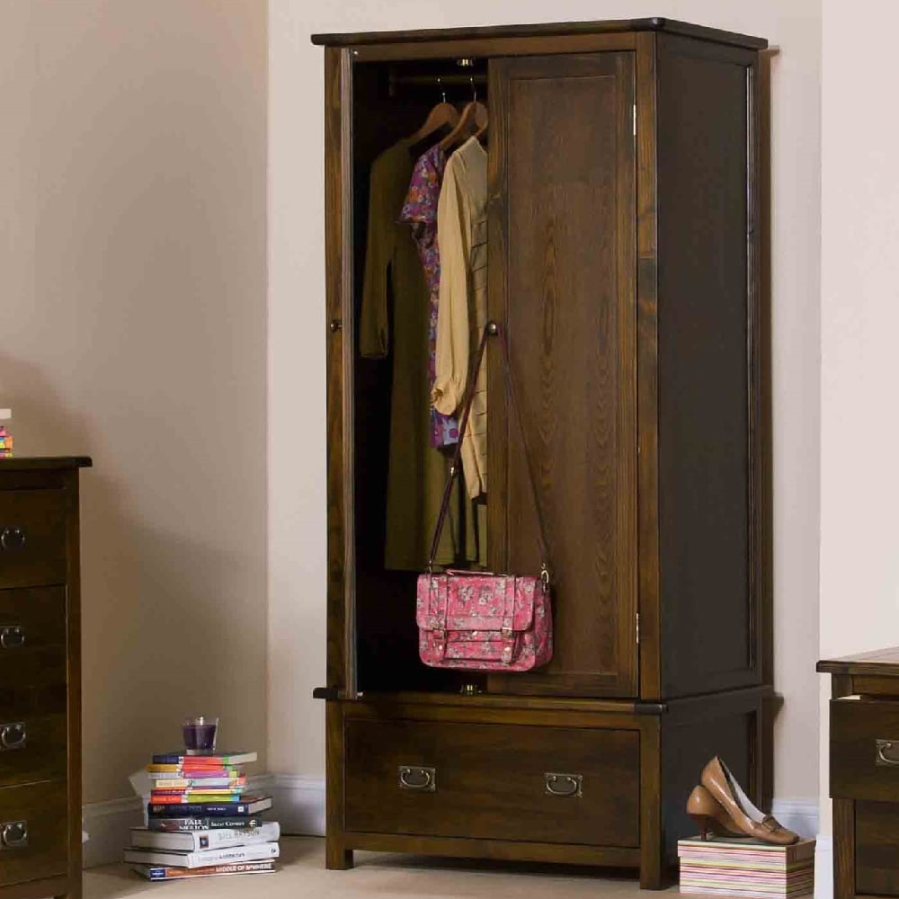 Birtley 90cm dark brown two-door wooden wardrobe, open showing hanging clothes and drawer.